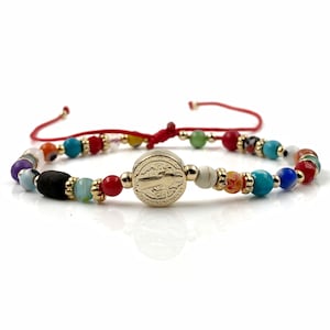 St Benedict Genuine Azabache Jet Stone and Colorful Evil Eye Beads Red String Protection Bracelet for Women