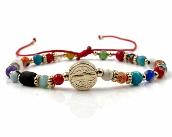 St Benedict Genuine Azabache Jet Stone and Colorful Evil Eye Beads Red String Protection Bracelet for Women