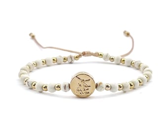 St Michael Archangel Coin and Natural Round White Turquoise Beads Adjustable Bracelet for Women
