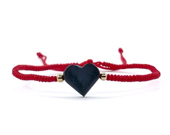 Red String Macrame Bracelet: Genuine Jet Stone Heart, Gold-Filled Detail