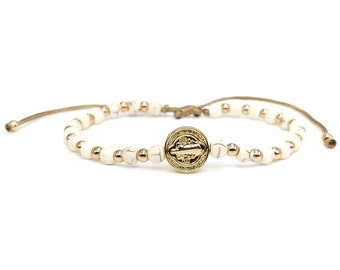 St Benedict Coin and Natural Round White Turquoise Beads Adjustable Bracelet for Women