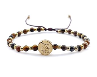 St Michael Archanel Coin and Natural Round Tiger Eye Beads Adjustable Bracelet for Women
