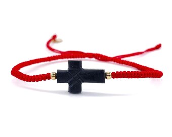 Red String Bracelet: Genuine Jet Stone Cross, Gold-Filled Beads