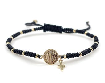 St Benedict Medal Black Cord Bracelet – Gold Plated Cross Charm
