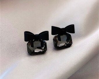 Cute velvet black bow earrings with gem hoop clip-on available