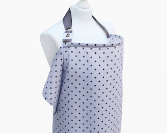 Nursing Cover with grey stars + pouch, 100% cotton - baby certified material (3 colors gray, mint & navy blue)