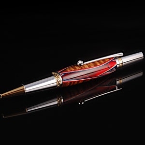 Hawaiian Koa and Surfboard Resin Ballpoint Pen -  Chrome with Carved Gold Accents and Swarovski Crystal Clip