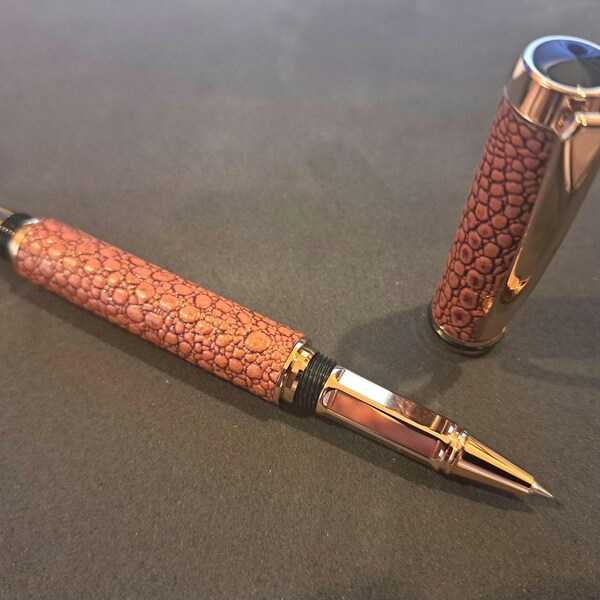 Brown Leather Rollerball Pen in Gold Plating