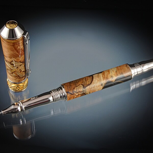Natural Edge Spalted Maple Burl Art Nouveau Rollerball Pen or Fountain Pen in Rhodium and 22k Gold