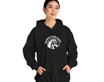May include: Black hooded sweatshirt with a white horse head graphic and the text "BARNS OVER BARS" in a circle.