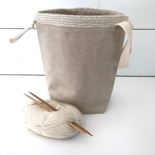 Cotton Linen Sock Knitting Project Bag 2-3 Fine Skein Cotton Linen Knitting Bag 1 pocket Organic Canvas Lining, Small Knitting Project Bag