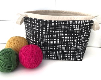 Black Yarn Lines Cotton Knitting Project Bag, Knitting / Crochet Basket, Organic Canvas interior, Draw String, eco friendly materials
