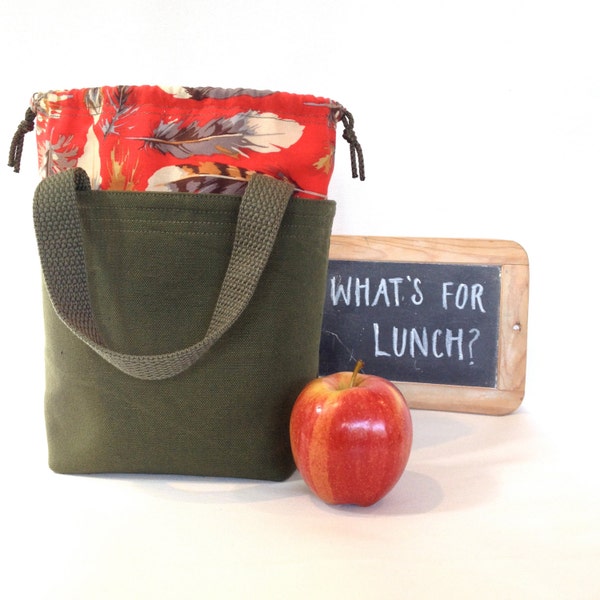 Canvas Lunch bag with Cotton Lining, Draw String closure, green canvas lunch bag, Washable lunch bag, feathers lunch bag, lunch tote bag