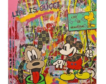 Gemälde Acrylbild Malerei Micky mouse Pluto Original pop art street art Leinwand woodstock gucci