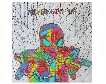 Gemälde Acrylbild Malerei Spiderman never give up abstrakt Original pop art street art Leinwand gift love