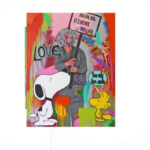 Schilderij Acryl Schilderij Einstein snoopy woodstock Origineel pop art street art Canvas