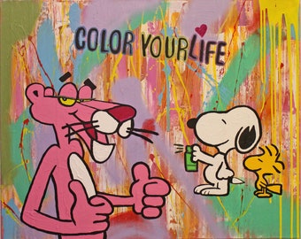 Gemälde Acrylbild Malerei PINK PANTHER SNOOPY Original pop art street art Leinwand gift