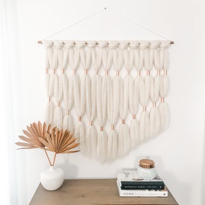 XL Boho Wall Hanging &quot;Stevie&quot; in Cream | Fiber Wall Tapestry | Roving Wool Wall Hanging| Merino Wool Tapestry