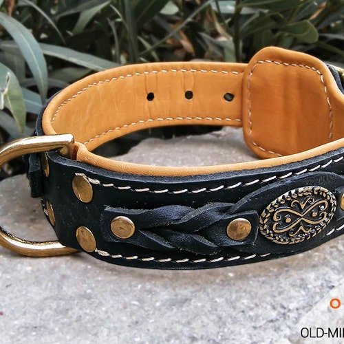 Nappa Padded Leather PITBULL Collar with Braids factory (model OldMill-C43)