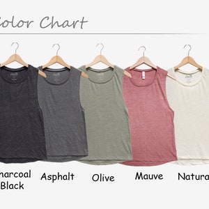 May include: Color chart showing five different colors of sleeveless shirts. The colors are charcoal black, asphalt, olive, mauve, and natural.