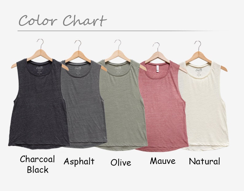 May include: Color chart showing five different colors of sleeveless shirts. The colors are charcoal black, asphalt, olive, mauve, and natural.