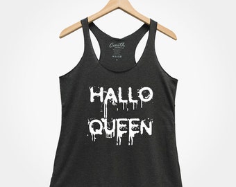Halloqueen, Halloween Shirt, Halloween Racerback Tank Top, Funny Party Costume, Black Tank Top, Orange Shirt, Spooky