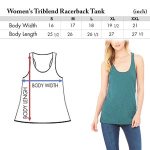 May include: Size chart for a racerback tank top in sizes S, M, L, XL, and XXL. The chart shows measurements for body width and body length in inches. A teal tank top is shown on a model.