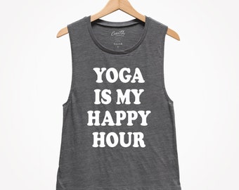 May include: Gray sleeveless tank top with the text "YOGA IS MY HAPPY HOUR" in white.