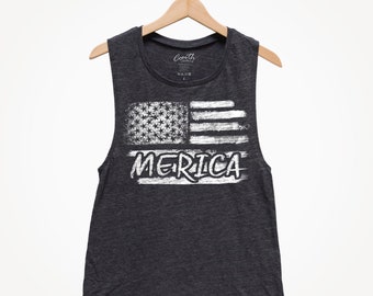4th of July Women's Muscle Tank Top: Merica USA Flag Tee