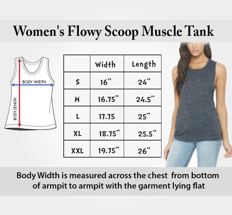 May include: Size chart for a flowy scoop muscle tank top in sizes S, M, L, XL, and XXL. The chart shows the width and length measurements in inches for each size.