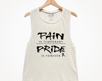 May include: White sleeveless tank top with black text that reads "Pain is temporary, Pride is forever" with a running figure icon.