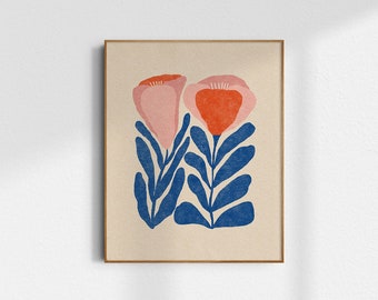 Tulips Illustrated Art Print - Multiple Colors, Red, Blue, Pink, Texture, Ferns, Flowers