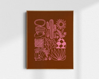 Western Study Illustrated Art Print - Texture, Rust, Green, Pink, Home, Kitchen, Room Decor, Cowboy, Cowgirl, Desert, Cactus