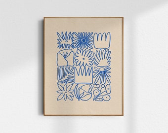 Flower Study Grid, Illustrated Floral Art Print, 8x10, 11x14, 16x20, home decor, office decor, black, rust, blue, earth tones