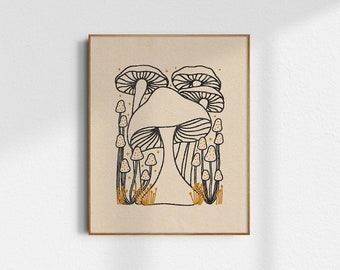 Mushroom, Illustrated Art Print, 8x10, 11x14, 16x20, home decor, office decor, black, rust, pink, green, earth tones