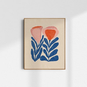 Tulips Illustrated Art Print - Multiple Colors, Red, Blue, Pink, Texture, Ferns, Flowers