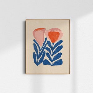 Tulips Illustrated Art Print Multiple Colors, Red, Blue, Pink, Texture, Ferns, Flowers image 1