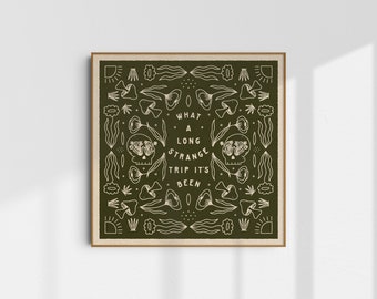 Long Strange Trip Illustrated Art Print - Multiple colors, green, black, rust, groovy, 70s, home decor, pattern, symmetry