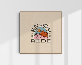 Enjoy The Ride Illustrated Art Print - Multiple colors, green, black, rust, ski, snowboard, mountains, home decor, apres, winter