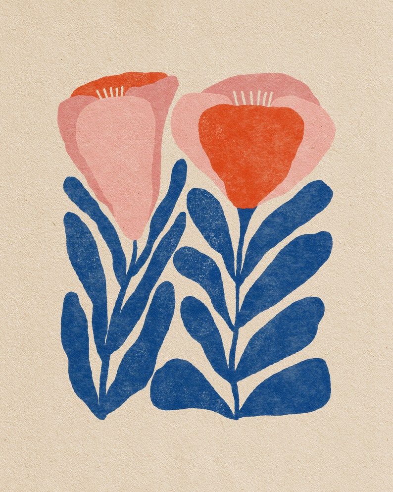 Tulips Illustrated Art Print Multiple Colors, Red, Blue, Pink, Texture, Ferns, Flowers Tulips on White
