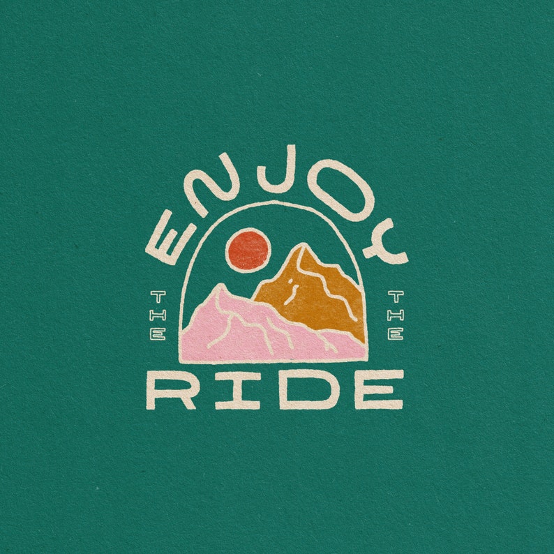 Enjoy The Ride Illustrated Art Print Multiple colors, green, black, rust, ski, snowboard, mountains, home decor, apres, winter Bright Green