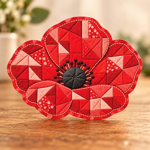 Quilted Poppy Sticker, Red Patchwork Flower Vinyl Decal, Waterproof Floral Gift