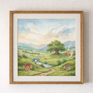 Impresión digital de paisaje rural con hierba / Arte mural imprimible de un pueblo de fantasía / Descarga instantánea PNG / Decoración de fantasía para el hogar