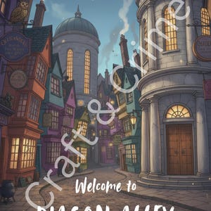 Op de afbeelding: Een illustratie van Diagon Alley, met kleurrijke gebouwen en verlichte ramen. Rook stijgt op uit schoorstenen. De tekst "Welcome to Diagon Alley" is inbegrepen.
