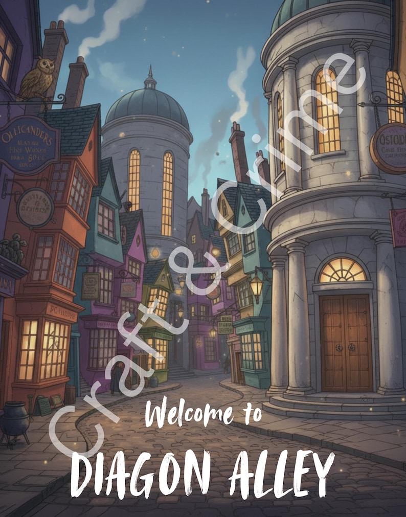 Op de afbeelding: Een illustratie van Diagon Alley, met kleurrijke gebouwen en verlichte ramen. Rook stijgt op uit schoorstenen. De tekst "Welcome to Diagon Alley" is inbegrepen.