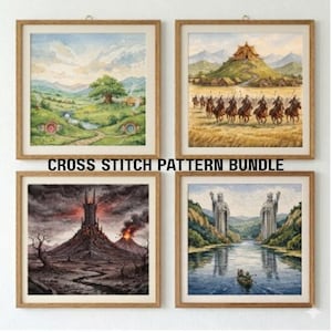 Op de afbeelding: Vier ingelijste kruissteekpatronen met houten frames. De afbeeldingen tonen scènes uit een fantasiewereld, waaronder glooiende heuvels, een fort, ruiters te paard en een vulkanisch landschap. De tekst "CROSS STITCH PATTERN BUNDLE" wordt weergegeven.