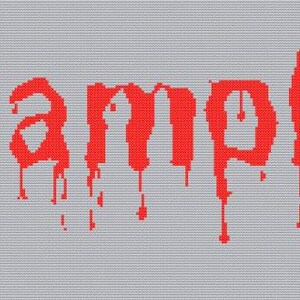 Op de afbeelding: Rode "Sample" tekst met druipend effect op een grijze pixelachtige achtergrond. De tekst lijkt gebreid of kruissteek, waardoor een textuur ontstaat. Het ontwerp heeft een gedurfde, grafische stijl.