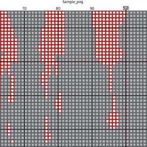 Op de afbeelding: Een digitaal kruissteekpatroon met rode druppels op een grijze rasterachtergrond. Het patroon bestaat uit kleine, vierkante pixels, waardoor een textuureffect ontstaat. De afbeelding is een close-up van het patroon.