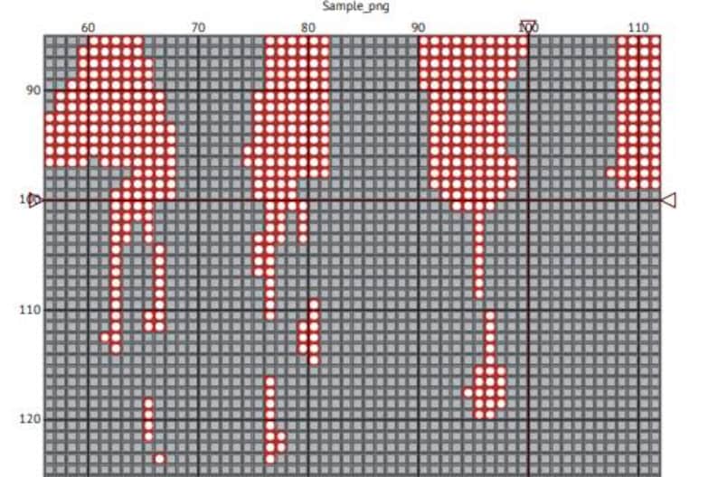 Op de afbeelding: Een digitaal kruissteekpatroon met rode druppels op een grijze rasterachtergrond. Het patroon bestaat uit kleine, vierkante pixels, waardoor een textuureffect ontstaat. De afbeelding is een close-up van het patroon.