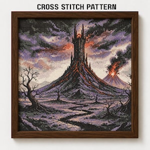 Puede incluir: Un patrón de punto de cruz enmarcado titulado CROSS STITCH PATTERN, que representa una fortaleza oscura y elevada sobre una montaña volcánica con lava brillante, un volcán humeante a lo lejos y árboles desnudos bajo un cielo nublado.